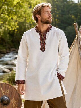 Mens Boho Festival Viking Pagan Folk Embroidered Linen Look Tunic Shirt 36